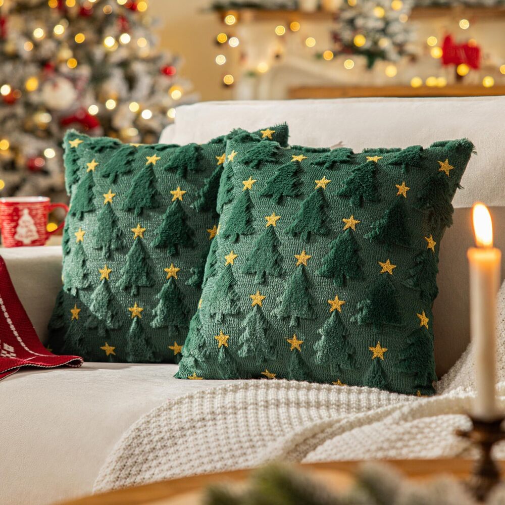 8348 Green Christmas Tree Throw Pillow Covers 18"x18", Star Shaped
